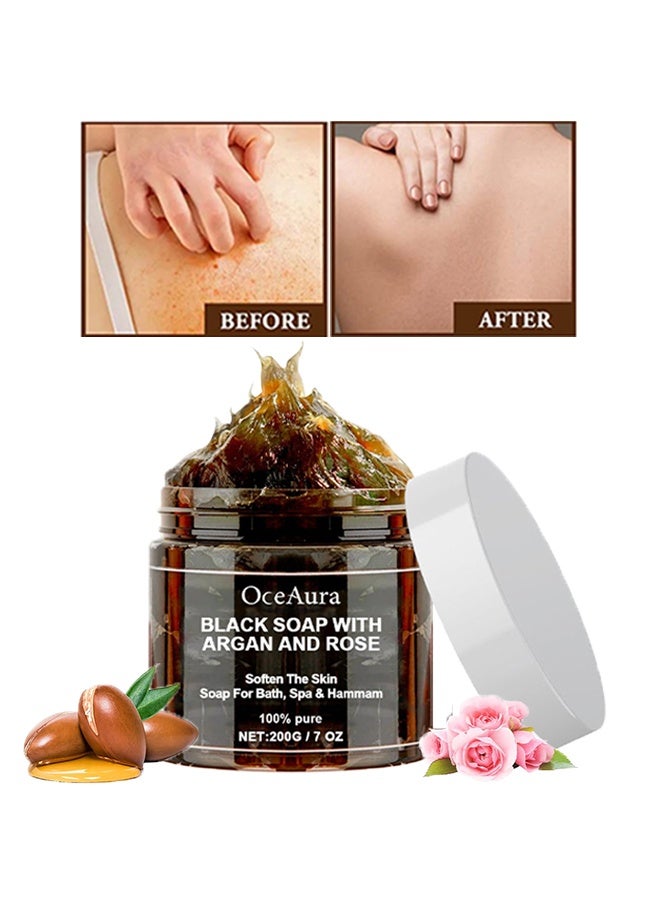  اوساورا صابون أسود بالأرغان والورد ، تنعيم البشرة ، صابون للاستحمام ، السبا والحمام ، مقشر الجسم ، مقشر الجسم ، صابون أسود مع الأرغان العضوي ، صابون أسود 200 غرام - Image 1