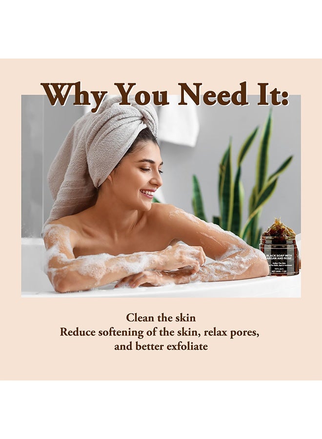  اوساورا صابون أسود بالأرغان والورد ، تنعيم البشرة ، صابون للاستحمام ، السبا والحمام ، مقشر الجسم ، مقشر الجسم ، صابون أسود مع الأرغان العضوي ، صابون أسود 200 غرام - Image 4
