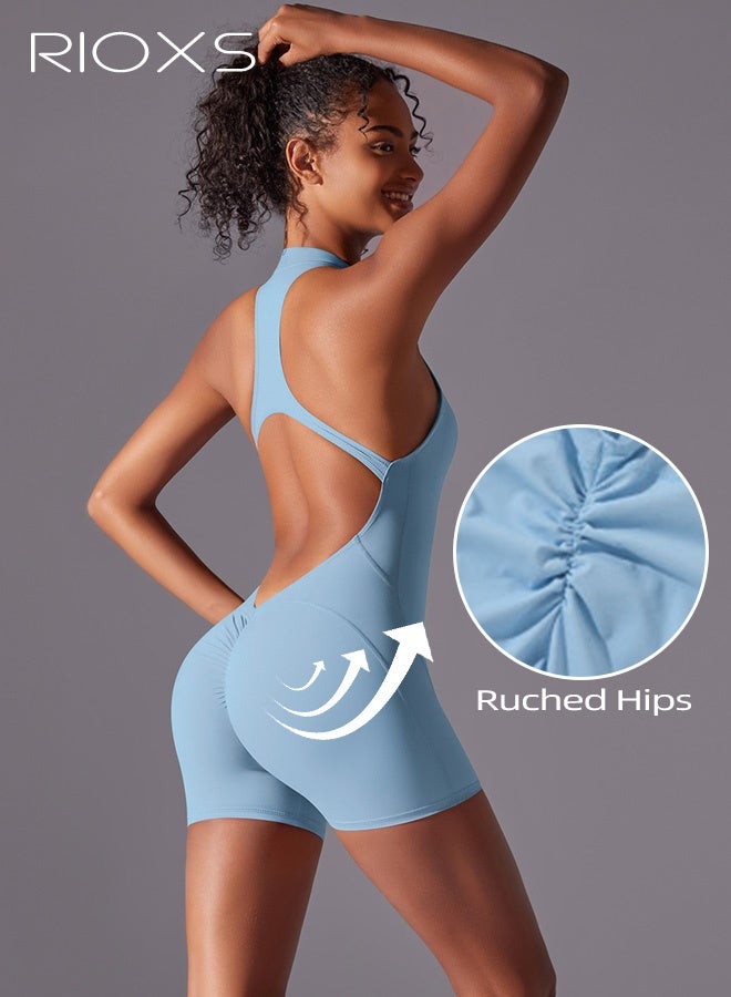 RIOXS Women's Workout Jumpsuits, Zip Up One Piece Yoga Rompers, Backless Stretch Jumpsuit with Removable Pads, Ladies Quick Drying Gym Rompers, Tummy Control Bodycon Bodysuit for Women, Sleeveless Jumpsuits for Pilates, Jogging, Running or Lounging, Light Blue Sports Jumpsuit - Image 3