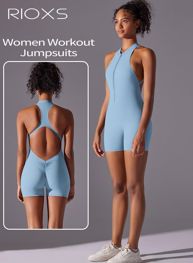 RIOXS Women's Workout Jumpsuits, Zip Up One Piece Yoga Rompers, Backless Stretch Jumpsuit with Removable Pads, Ladies Quick Drying Gym Rompers, Tummy Control Bodycon Bodysuit for Women, Sleeveless Jumpsuits for Pilates, Jogging, Running or Lounging, Light Blue Sports Jumpsuit - Image 5