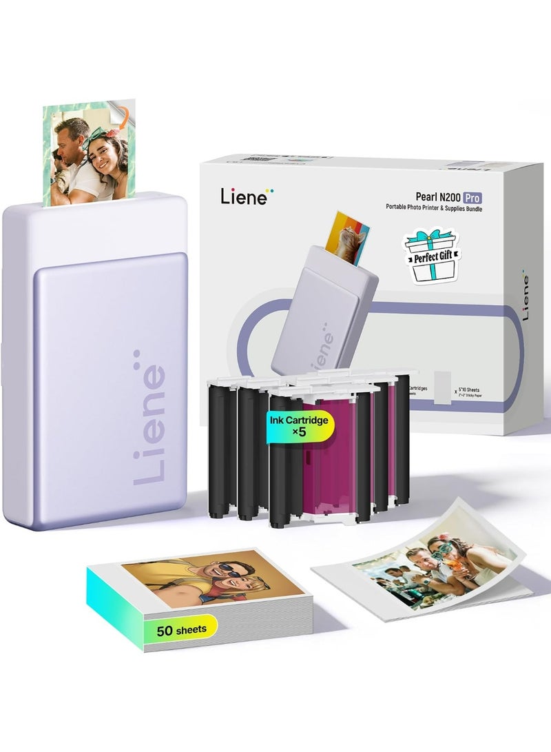 Liene N200 Pro Portable Photo Printer Purple 2x3 Inch – Bluetooth Instant Photo & Sticker Printer with 50 Photo Sheets, Compatible with iPhone & Android - Image 1