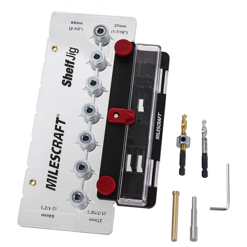 Milescraft 1343 Shelf Jig â€“ Create Â¼ in. and 5mm Shelf Pin Holes for Cabinets. Standard 32mm Spacing. Shelf Pin Jig includes Two Drill Bits - Image 1