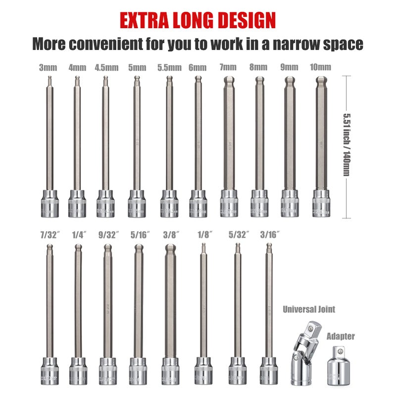 RIMKOLO 3/8 Inch Drive Long Ball End Hex Bit Socket Set,20-Piece SAE & Metric Allen Socket Set 3mm to 10mm & 1/8-3/8 Inch S2 Steel Bits - Image 2