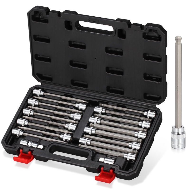 RIMKOLO 3/8 Inch Drive Long Ball End Hex Bit Socket Set,20-Piece SAE & Metric Allen Socket Set 3mm to 10mm & 1/8-3/8 Inch S2 Steel Bits - Image 1