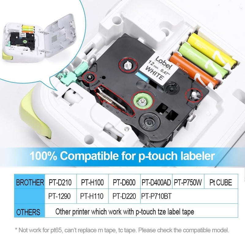 لايبل كينجدوم شريط Tze-231 متوافق مع طابعة ملصقات Brother، 12 مم، 0.47 شريط ملصقات Brother P Touch H110، 1/2 بوصة × 23 قدمًا، أسود على أبيض، لصانع ملصقات Brother Pt-H110 D200 D210 D600، عبوة من 5 قطع - Image 3