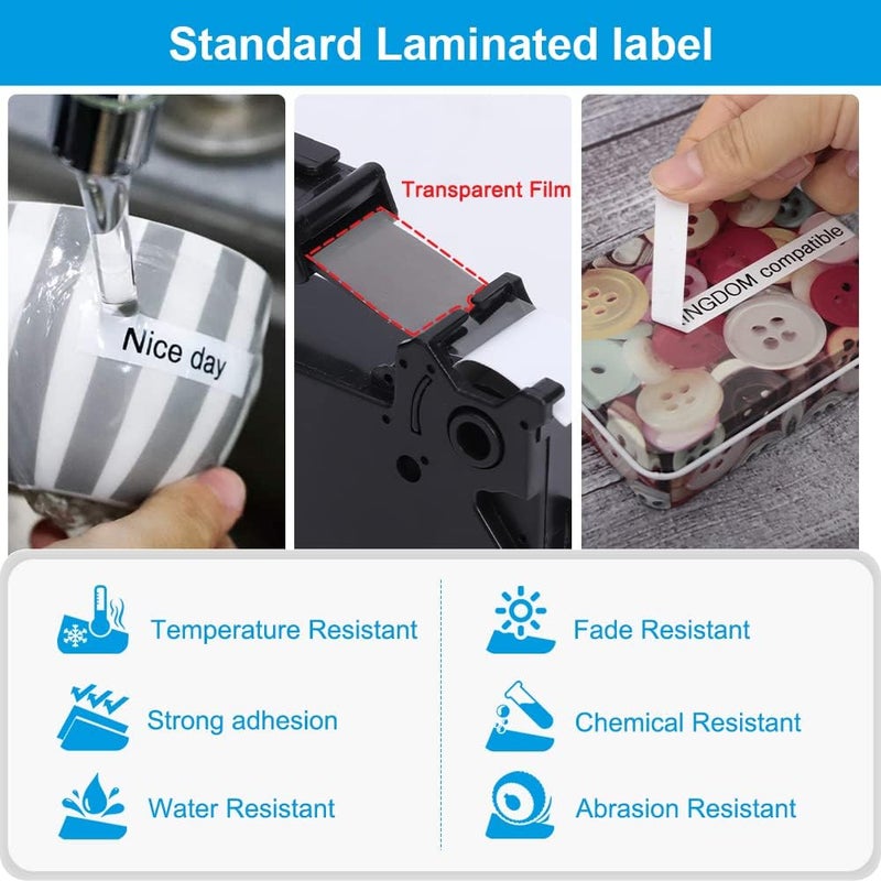 لايبل كينجدوم شريط Tze-231 متوافق مع طابعة ملصقات Brother، 12 مم، 0.47 شريط ملصقات Brother P Touch H110، 1/2 بوصة × 23 قدمًا، أسود على أبيض، لصانع ملصقات Brother Pt-H110 D200 D210 D600، عبوة من 5 قطع - Image 4