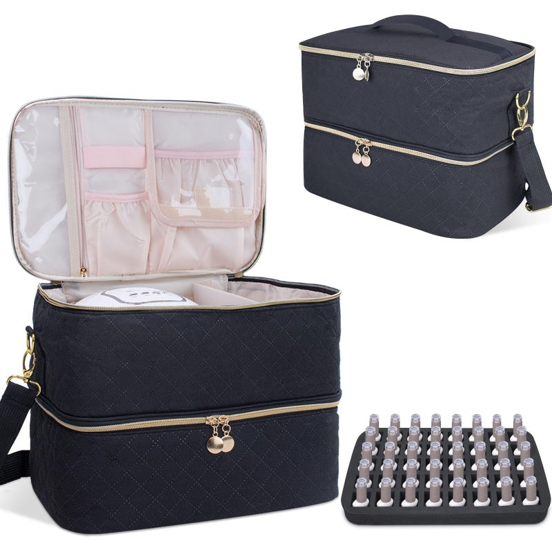 ALSLEA Nail Polish Organizer With Adjustable Shoulder Strap Gel Nail Polish Holder Nail Organizers and Storage for UV Led Nail Lamp Nail Supplies Bag Holds 40 Bottles 15ml 05 floz Black