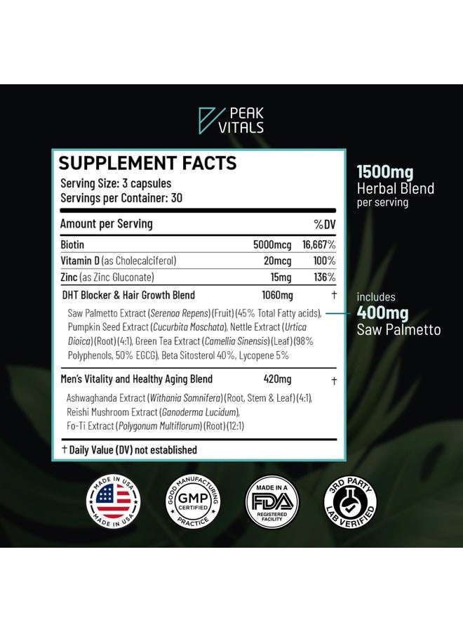 PEAK VITALS DHT Blocker for Men | Ultra Potent Hair Growth Formula | Saw Palmetto, Biotin, Pumpkin Seed, Herbal Extracts | Natural Hair Loss Supplements | Hair Regrowth Vitamins | Made in The USA | 90 Capsules - Image 2