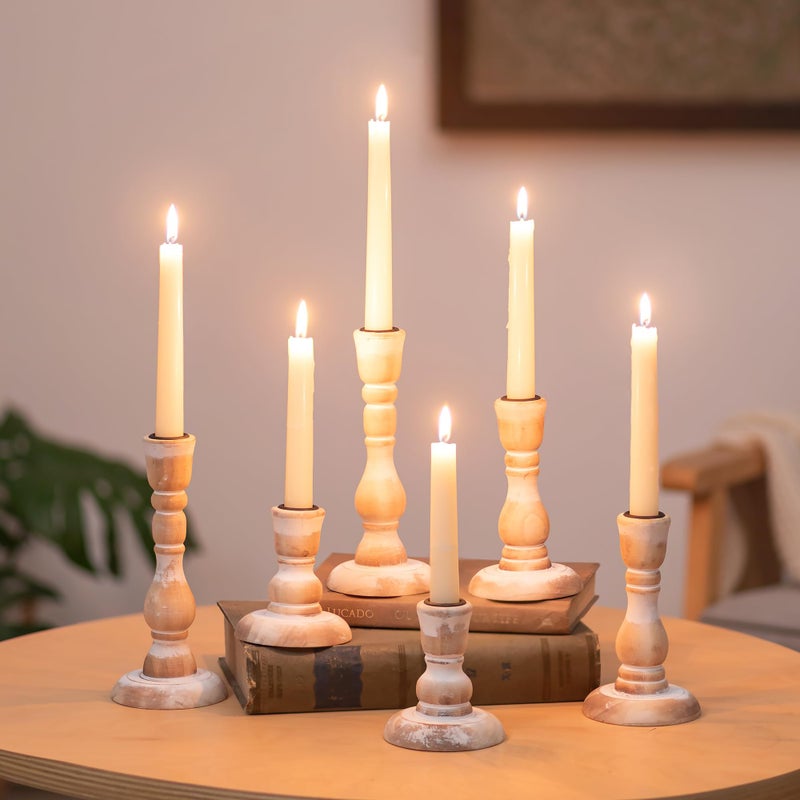 NUPTIO Rustic Candlestick Holders for Decor: Set of 6 Wood Taper Candles Holder - Vintage Candle Stick Tapered Holders for Fall Christmas Party Holiday Home Table Centerpiece - Image 1