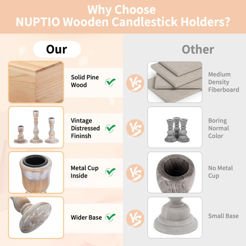NUPTIO Rustic Candlestick Holders for Decor: Set of 6 Wood Taper Candles Holder - Vintage Candle Stick Tapered Holders for Fall Christmas Party Holiday Home Table Centerpiece - Image 5
