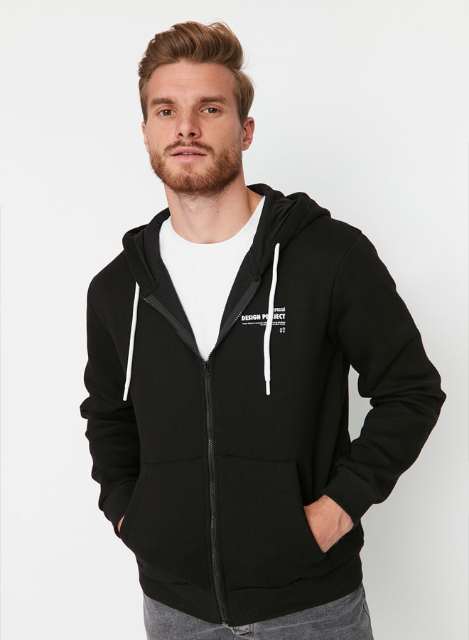 trendyol Black Regular/Normal Cut Hooded Slogan Printed Fleece/Warm Sweatshirt - Image 1
