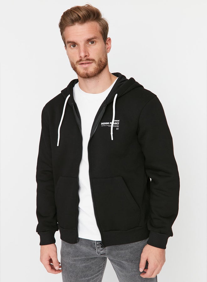 trendyol Black Regular/Normal Cut Hooded Slogan Printed Fleece/Warm Sweatshirt - Image 2