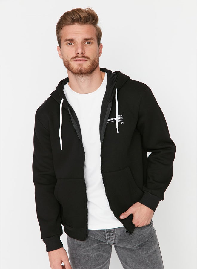 trendyol Black Regular/Normal Cut Hooded Slogan Printed Fleece/Warm Sweatshirt - Image 3