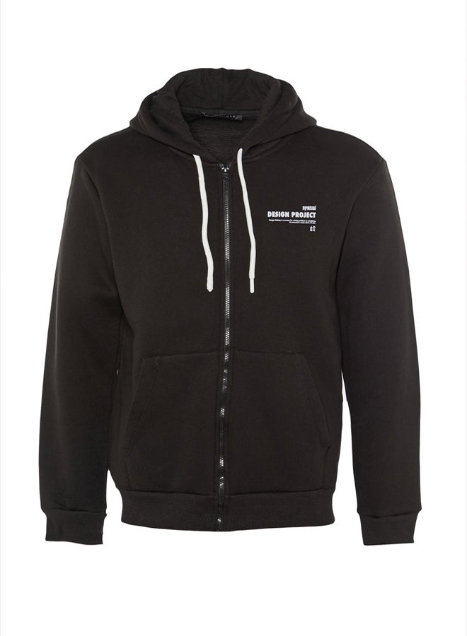 trendyol Black Regular/Normal Cut Hooded Slogan Printed Fleece/Warm Sweatshirt - Image 5