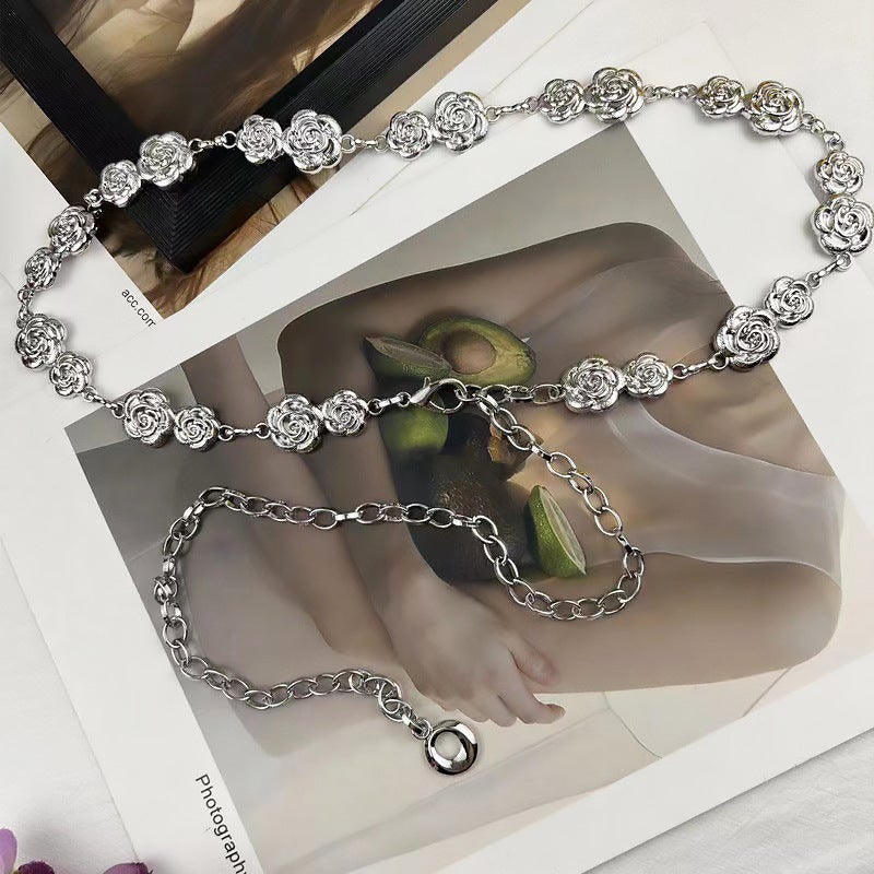 High-grade waist chain accessories womens metal flower chain all-match belt decorative skirt suit waist pants chain Double-core Flower Waist Chain silver