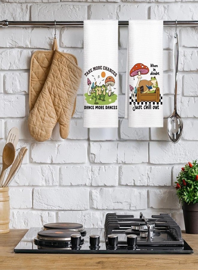 WUUCKOO 2PCS Cute Frog Toad Reading Mushroom Mental Health Positive Quote Kitchen Towel Set, Western Frog Kitchen Bathroom Decor Gifts for Women - Image 4