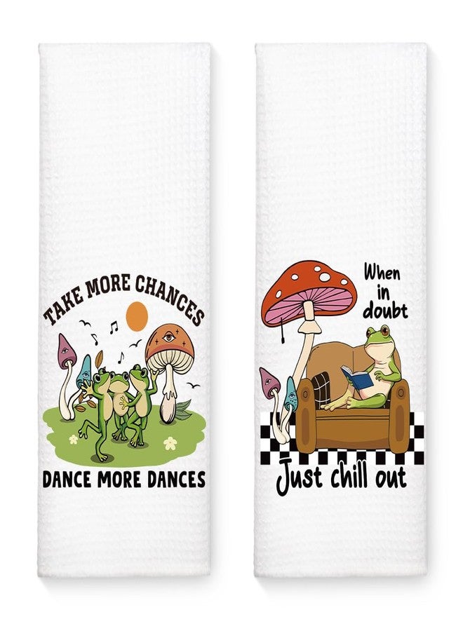 WUUCKOO 2PCS Cute Frog Toad Reading Mushroom Mental Health Positive Quote Kitchen Towel Set, Western Frog Kitchen Bathroom Decor Gifts for Women - Image 1