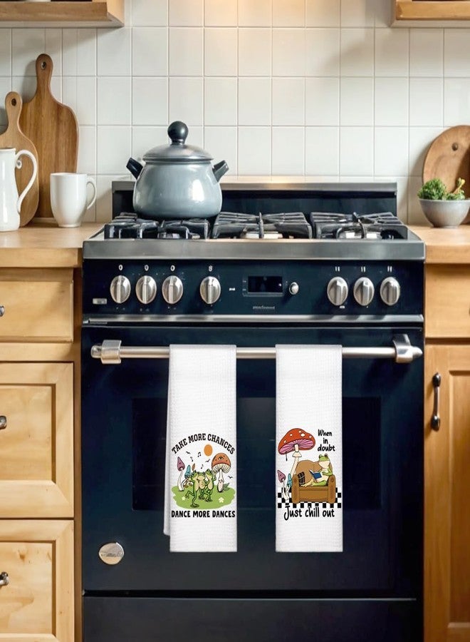 WUUCKOO 2PCS Cute Frog Toad Reading Mushroom Mental Health Positive Quote Kitchen Towel Set, Western Frog Kitchen Bathroom Decor Gifts for Women - Image 3