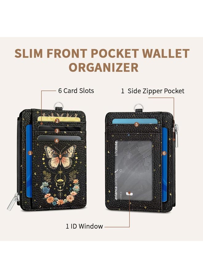 Vorruil Credit Card Holder Slim Wallet, PU Leather Front Pocket Small Wallet Card Holder, RFID Blocking Women Wallets with Hand Strap Zip, Butterfly-Black, 4.3" x 3.3" x 2.3" - Image 4