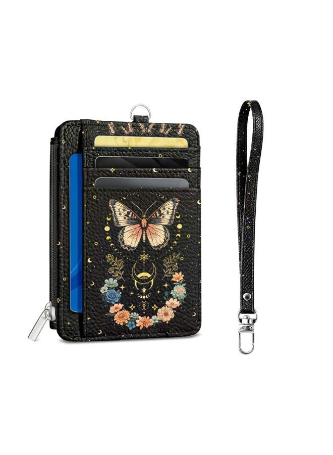 Vorruil Credit Card Holder Slim Wallet, PU Leather Front Pocket Small Wallet Card Holder, RFID Blocking Women Wallets with Hand Strap Zip, Butterfly-Black, 4.3" x 3.3" x 2.3" - Image 1