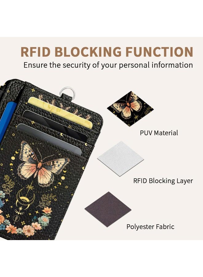 Vorruil Credit Card Holder Slim Wallet, PU Leather Front Pocket Small Wallet Card Holder, RFID Blocking Women Wallets with Hand Strap Zip, Butterfly-Black, 4.3" x 3.3" x 2.3" - Image 3