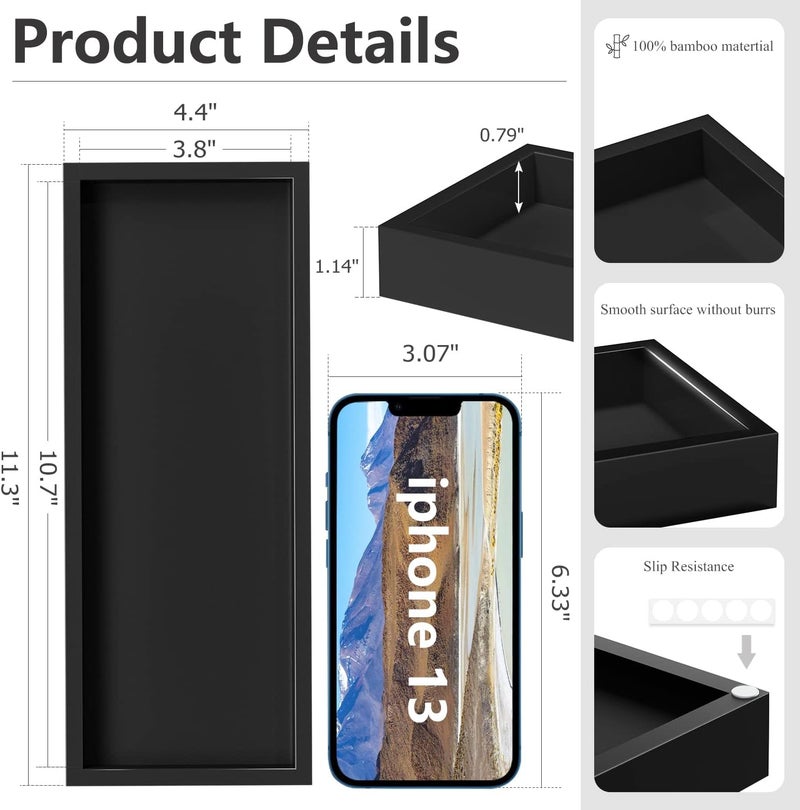 ZHWS Bathroom Tray Countertop for Toiletries, Black Vanity Tray for Makeup Perfume Decor Candle, Bamboo Kitchen Tray for Soap Dispenser Salt Pepper Brush Holder 11.3” L x 4.4” W x 1.1” H - Image 5