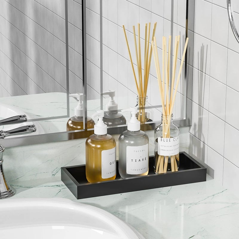 ZHWS Bathroom Tray Countertop for Toiletries, Black Vanity Tray for Makeup Perfume Decor Candle, Bamboo Kitchen Tray for Soap Dispenser Salt Pepper Brush Holder 11.3” L x 4.4” W x 1.1” H - Image 4