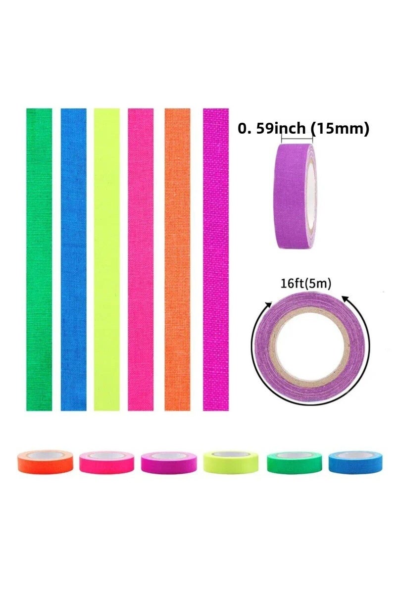 شريط لاصق فلورسنت غافر، 15 مم، 5 م، ملون، 6 لفات، 6 قطع/مجموعة، لاصق ذاتي، يتفاعل مع الضوء الأسود