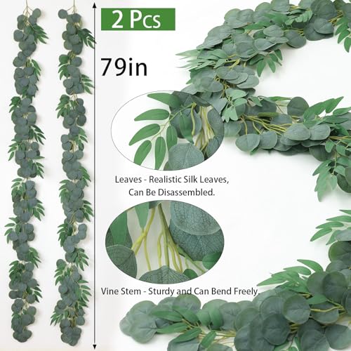 Mizii 2 Strands Artificial Vines Eucalyptus Garland 79" Fake Vine with Silk Green Leaves Faux Hanging Plants Greenery Decorations for Bedroom Table Centerpieces Party Wedding Room Decor (Eucalyptus) - Image 2
