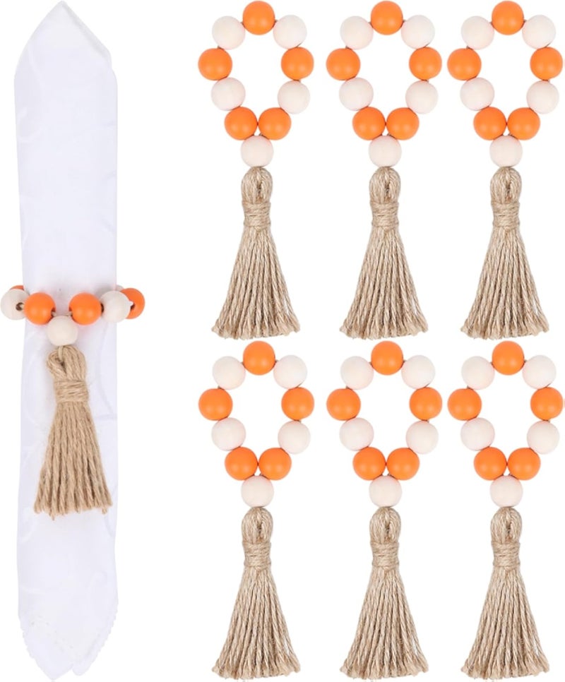Napkin Rings Set of 6, Wood Bead Napkin Rings with Tassel Set Napkin Holders Buckle for Wedding, Party, Dining Table Decor
