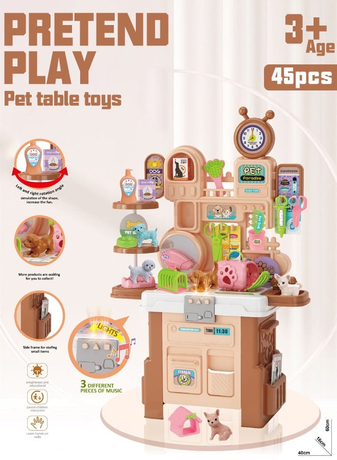 45 children's toy tables, children's pet workbenches, equipped with realistic puppies and kittens, various pet tools, pretend game toys, realistic multifunctional children's toy tables with 3 types of music, tool table sets 3, 4, 5, 6, male and female children's toy game workbenches  - Image 1