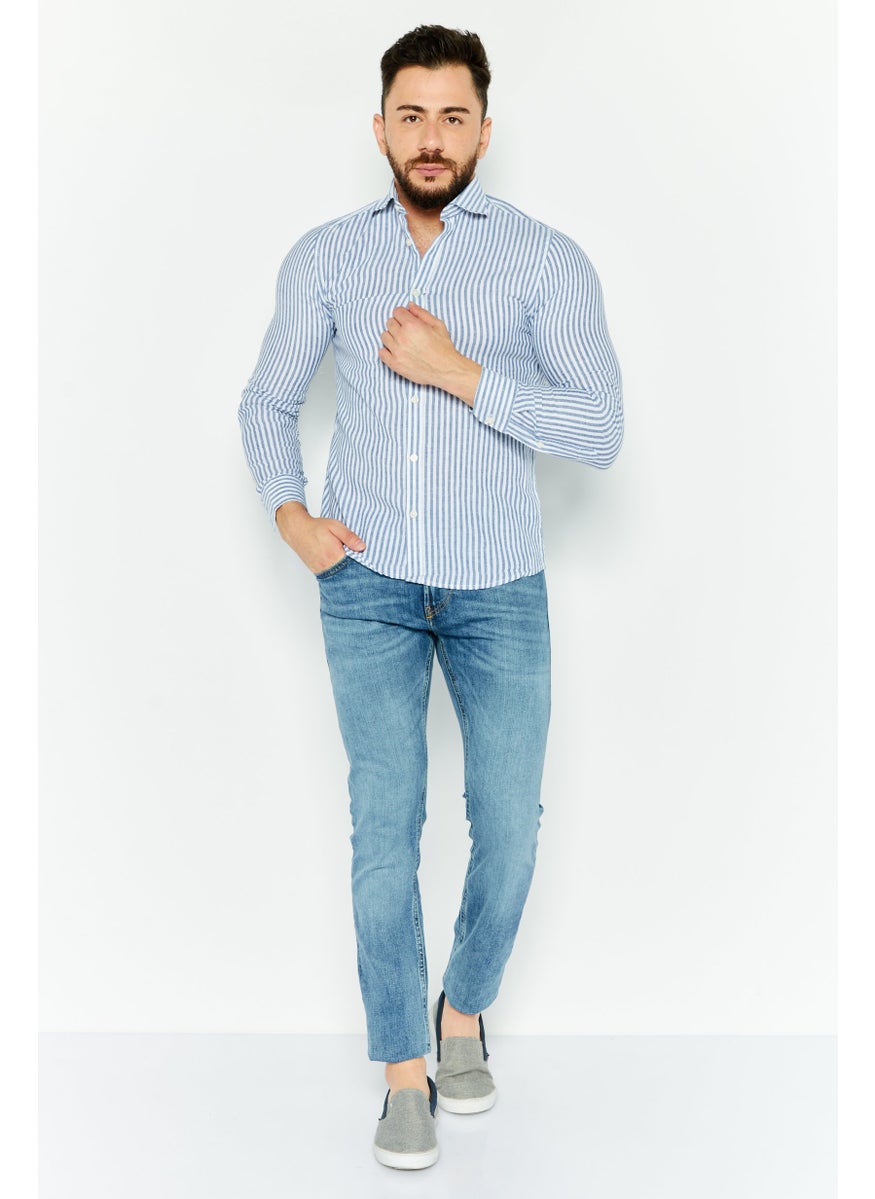 Gazzarrini Men Regular Fit Stripe Long Sleeve Casual Shirt, White  - Image 2