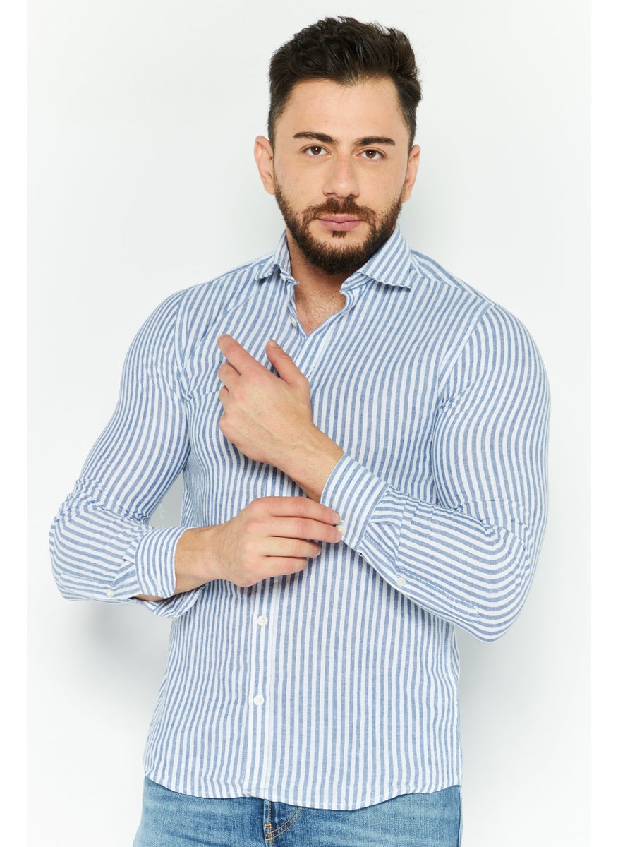 Gazzarrini Men Regular Fit Stripe Long Sleeve Casual Shirt, White  - Image 1