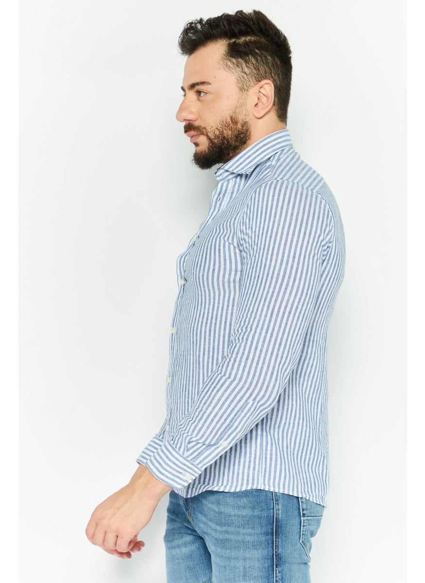 Gazzarrini Men Regular Fit Stripe Long Sleeve Casual Shirt, White  - Image 3