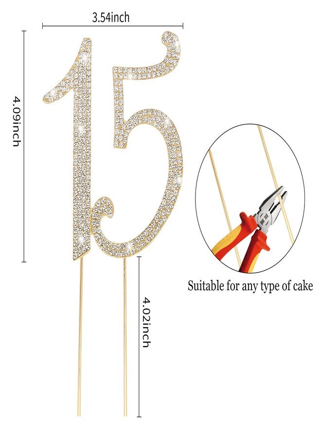 Jaciya 15 Cake Topper with Rhinestones - Sparkling Gold Number Decor for Quinceanera, 15th Birthday Parties & Anniversaries - Image 2