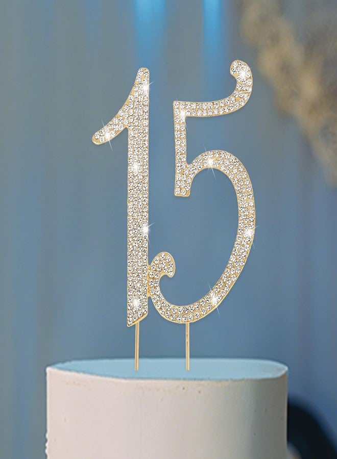 Jaciya 15 Cake Topper with Rhinestones - Sparkling Gold Number Decor for Quinceanera, 15th Birthday Parties & Anniversaries - Image 1