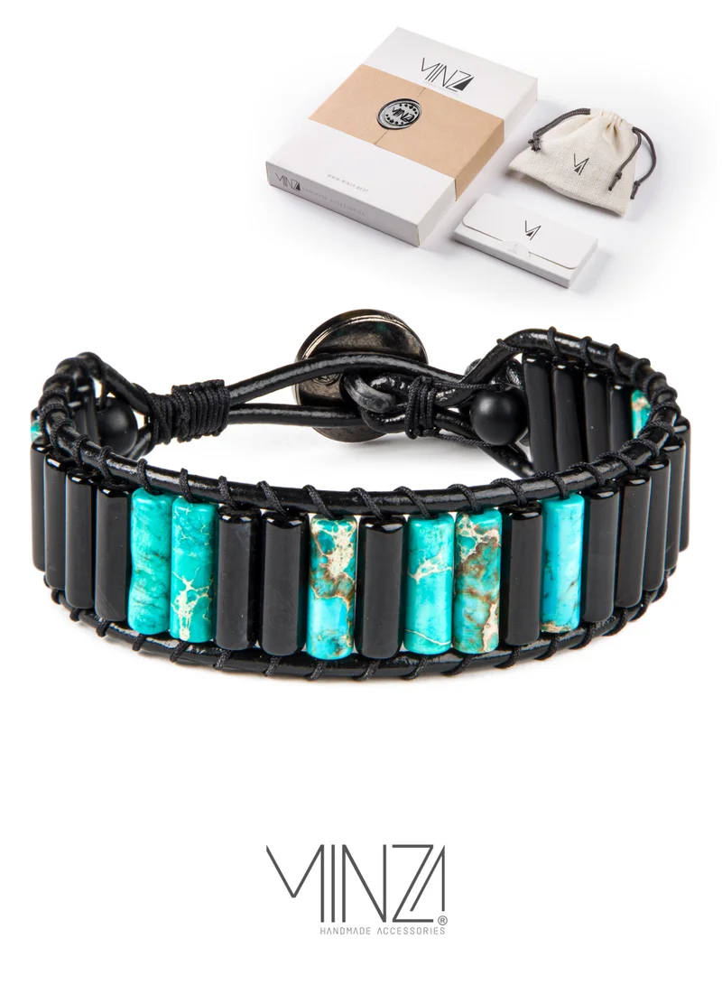 Minza Minza ” Nera zzurri ” Agate, Jasper and Onyx stones, Handmade Bracelet for Men, Leather Beaded Bracelet, Jewelry for Casual & Special Occasion