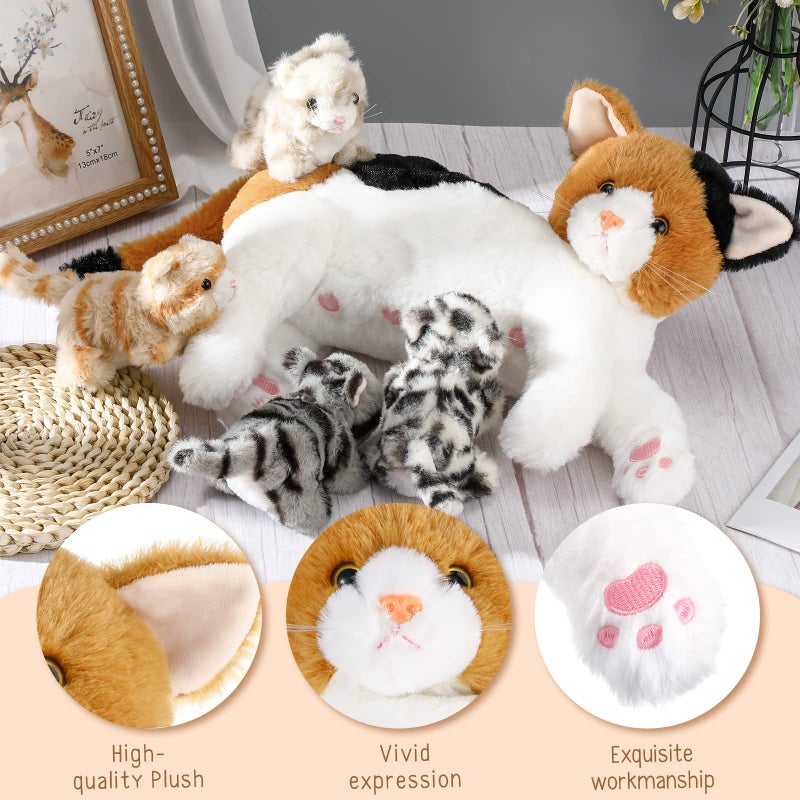Skylety Nurturing Cat Stuffed Animal with 4 Plush Kittens, Cat Baby Stuffed for Girls and Boys Plushy Mommy Kitty with Baby Kittens for Birthday Party Favors Gifts(Lovely Style) - Image 4