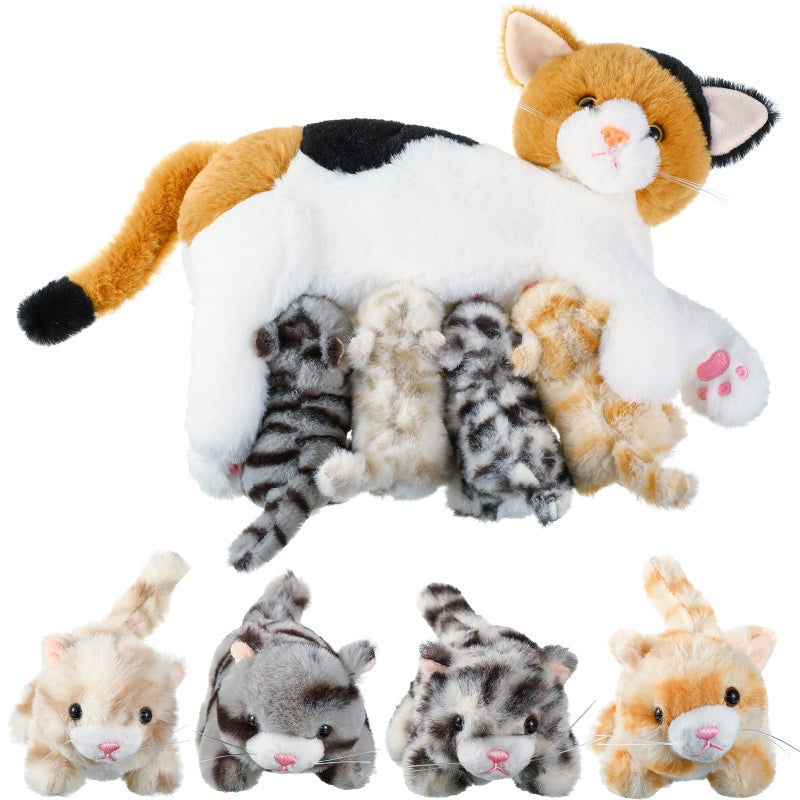 Skylety Nurturing Cat Stuffed Animal with 4 Plush Kittens, Cat Baby Stuffed for Girls and Boys Plushy Mommy Kitty with Baby Kittens for Birthday Party Favors Gifts(Lovely Style) - Image 1