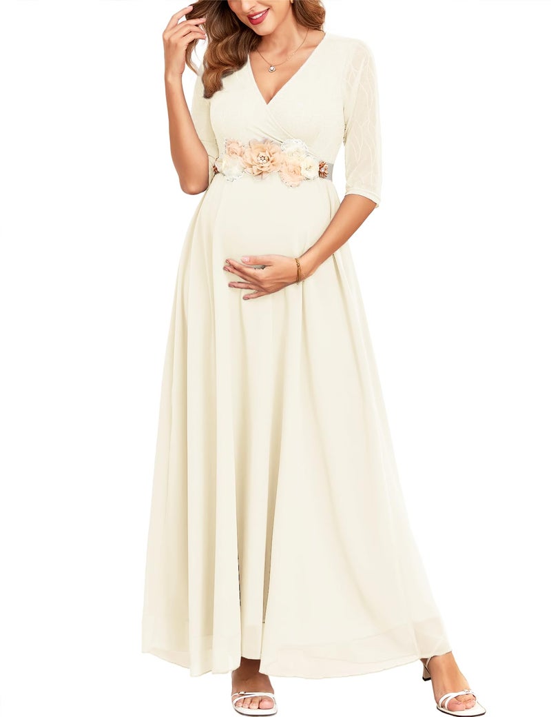 AISWI 3/4 Sleeve Maternity Dress Leaf Lace Contrast Chiffon V Neck Wrap A Line Flowy Pregnancy Dresses for Baby Shower, White, Medium - Image 1
