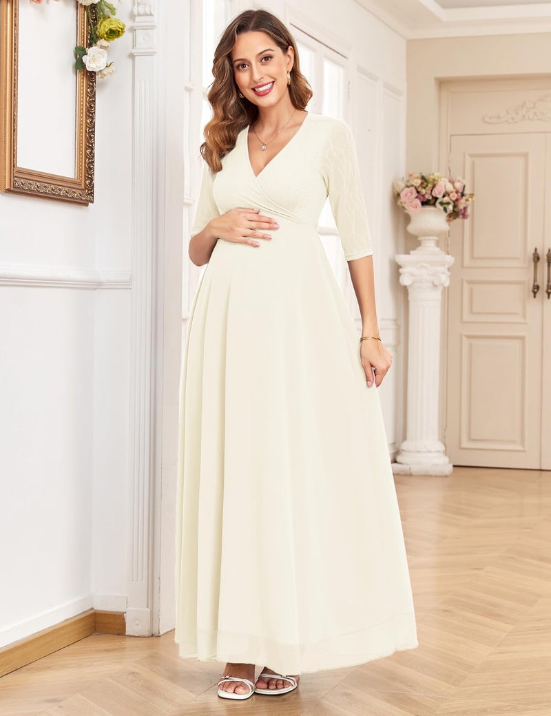 AISWI 3/4 Sleeve Maternity Dress Leaf Lace Contrast Chiffon V Neck Wrap A Line Flowy Pregnancy Dresses for Baby Shower, White, Medium - Image 2