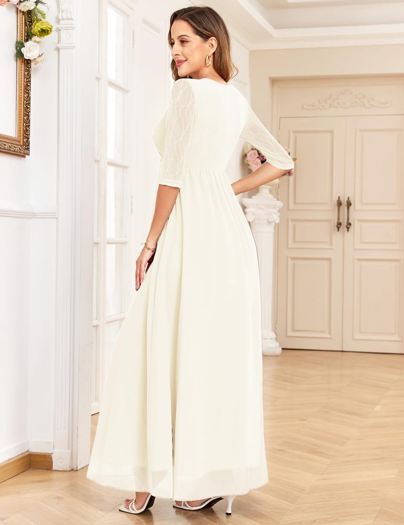 AISWI 3/4 Sleeve Maternity Dress Leaf Lace Contrast Chiffon V Neck Wrap A Line Flowy Pregnancy Dresses for Baby Shower, White, Medium - Image 4