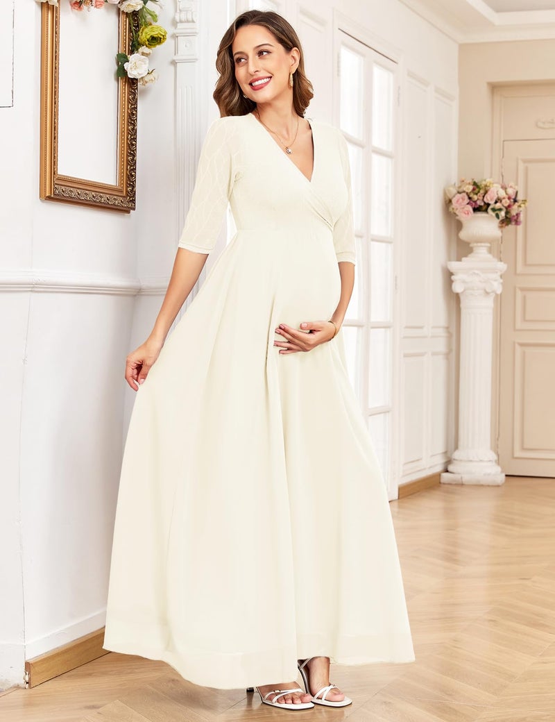 AISWI 3/4 Sleeve Maternity Dress Leaf Lace Contrast Chiffon V Neck Wrap A Line Flowy Pregnancy Dresses for Baby Shower, White, Medium - Image 3