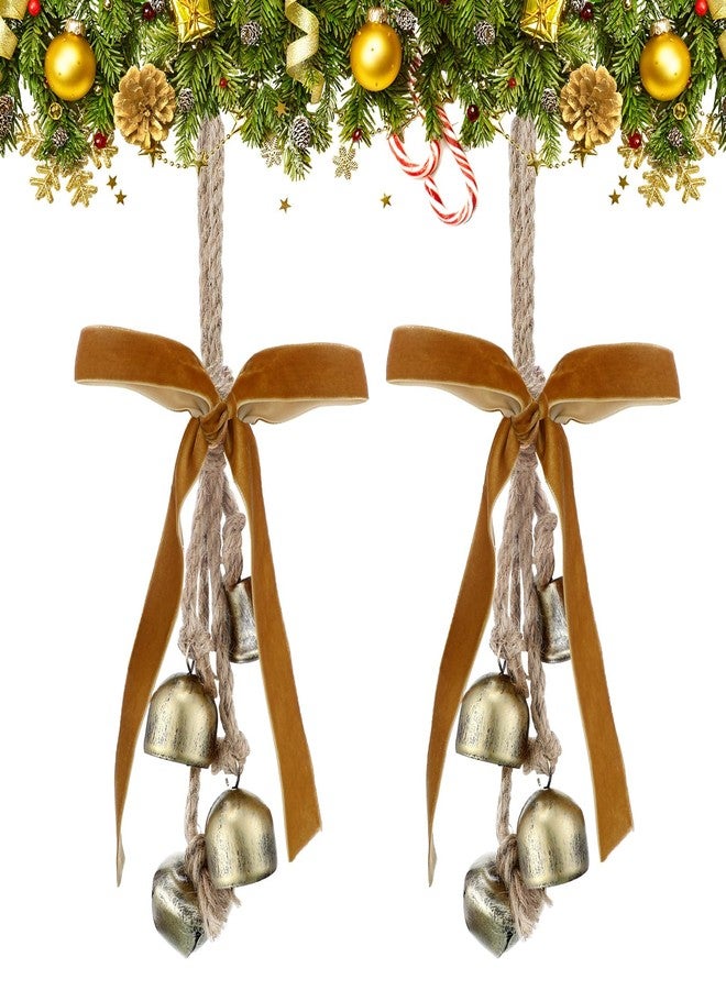 Lukmaa 2 Pcs Rustic Christmas Bells with Neutral Velvet Ribbon Bows Christmas Metal Bells Hanging Ornament Xmas Tree Wall Door Wreath Decoration for Rustic Farmhouse Holiday Decoration - Image 1