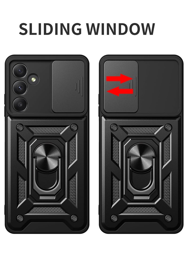 URBBKING - Protective Case with Slide Camera Cover and 360°Rotate Ring Kickstand Heavy Duty Protective Phone Case For Samsung Galaxy A55 5G Black - Image 1