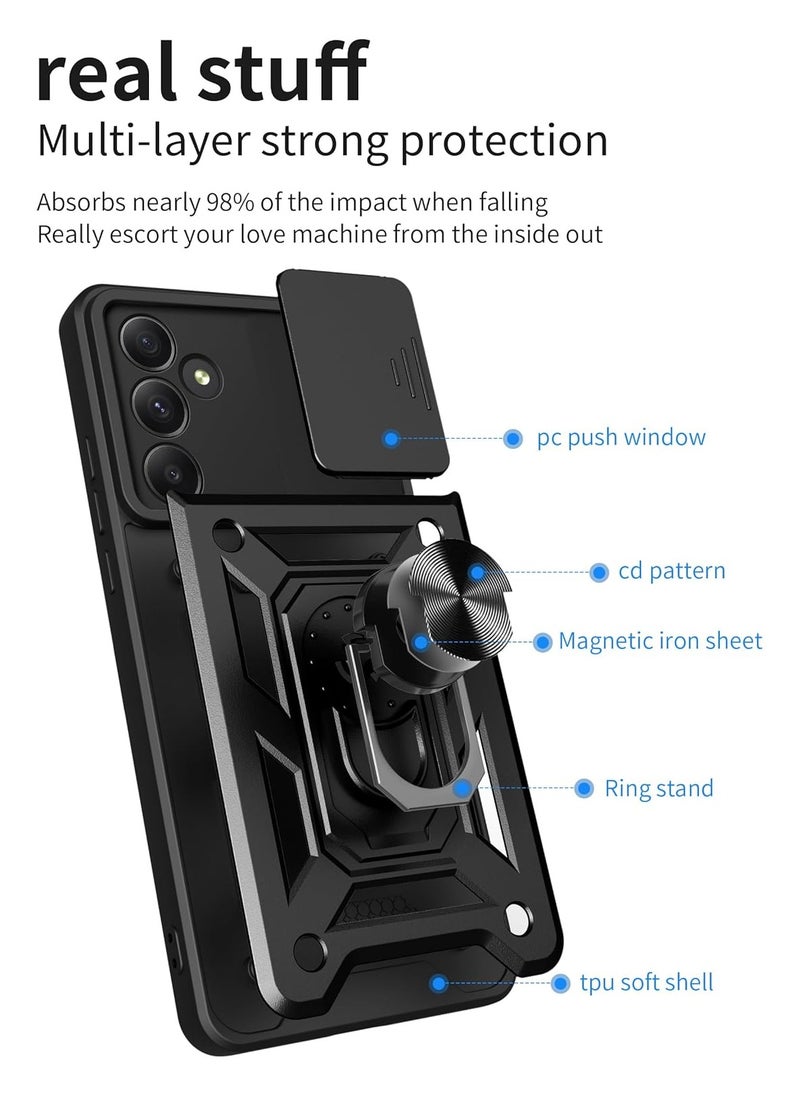 URBBKING - Protective Case with Slide Camera Cover and 360°Rotate Ring Kickstand Heavy Duty Protective Phone Case For Samsung Galaxy A55 5G Black - Image 1