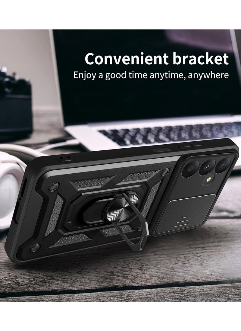 URBBKING - Protective Case with Slide Camera Cover and 360°Rotate Ring Kickstand Heavy Duty Protective Phone Case For Samsung Galaxy A55 5G Black - Image 1