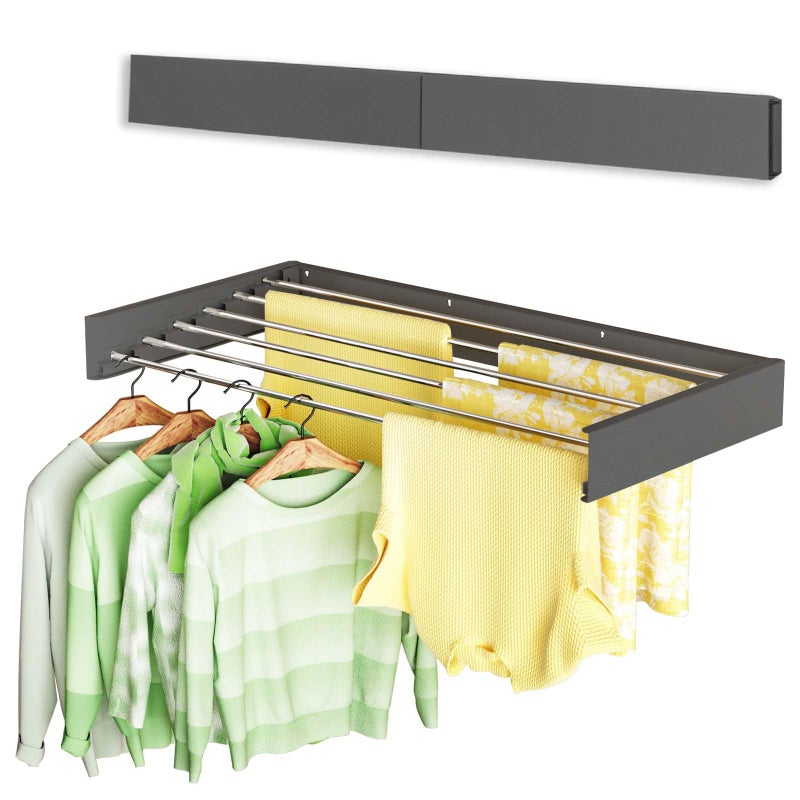 Vikaqi Wall Mounted Clothes Drying Rack 40", Foldable Wall Mount Laundry Rack Folding Indoor, Drying Rack Clothing Collapsible, Hidden Space Saver with Wall Template, 6 Rods, Black - Image 1