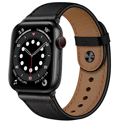 OUHENG Leather Bands Compatible with Apple Watch Band 42mm/41mm/40mm/38mm, Genuine Leather Replacement Strap for iWatch SE3 SE2 SE Series 11 10 9 8 7 6 5 4 3 2 1 (Black/Black) - Image 1