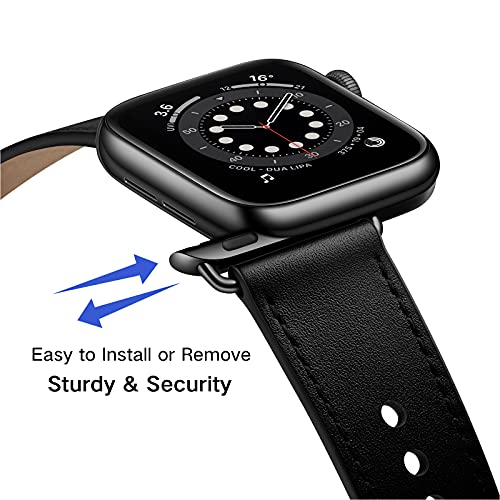 OUHENG Leather Bands Compatible with Apple Watch Band 42mm/41mm/40mm/38mm, Genuine Leather Replacement Strap for iWatch SE3 SE2 SE Series 11 10 9 8 7 6 5 4 3 2 1 (Black/Black) - Image 2